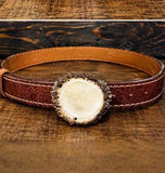 Elk antler burr belt buckle on leather belt